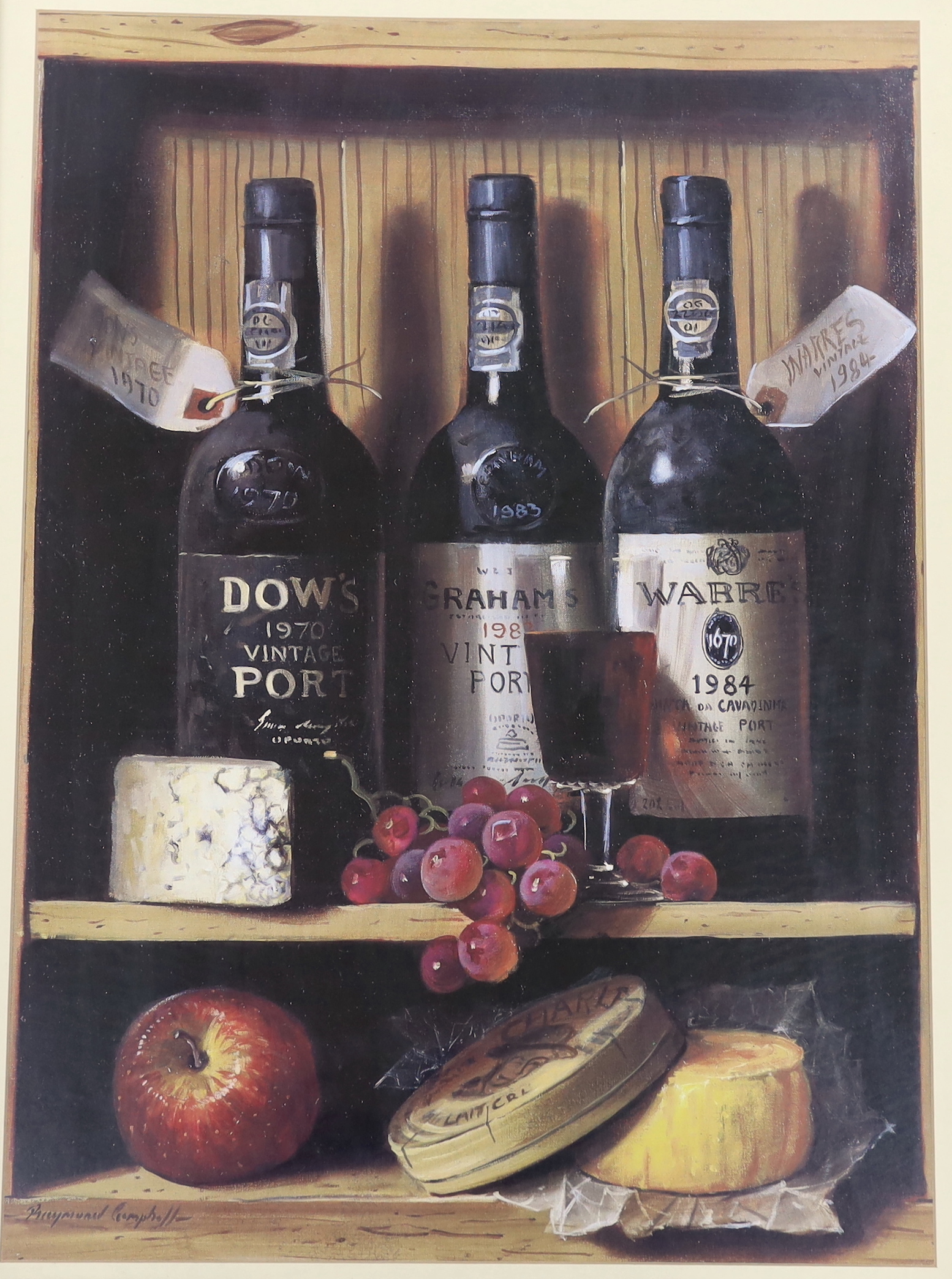 Raymond Campbell (b.1956), set of three colour prints, Still lifes of wine and port, housed in pine frames, 59 x 44cm